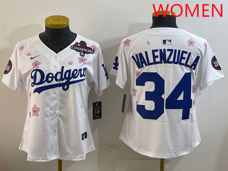 Women Los Angeles Dodgers 34 Valenzuela White Sakura Edition 2025 Nike MLB Jersey style 3